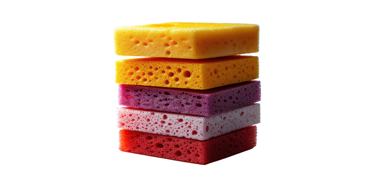 a stack of three different colored sponges