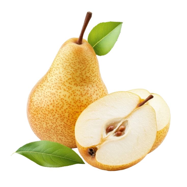 two pears with leaves on a white background
