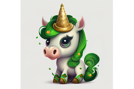a cartoon unicorn with green hair and a gold hat