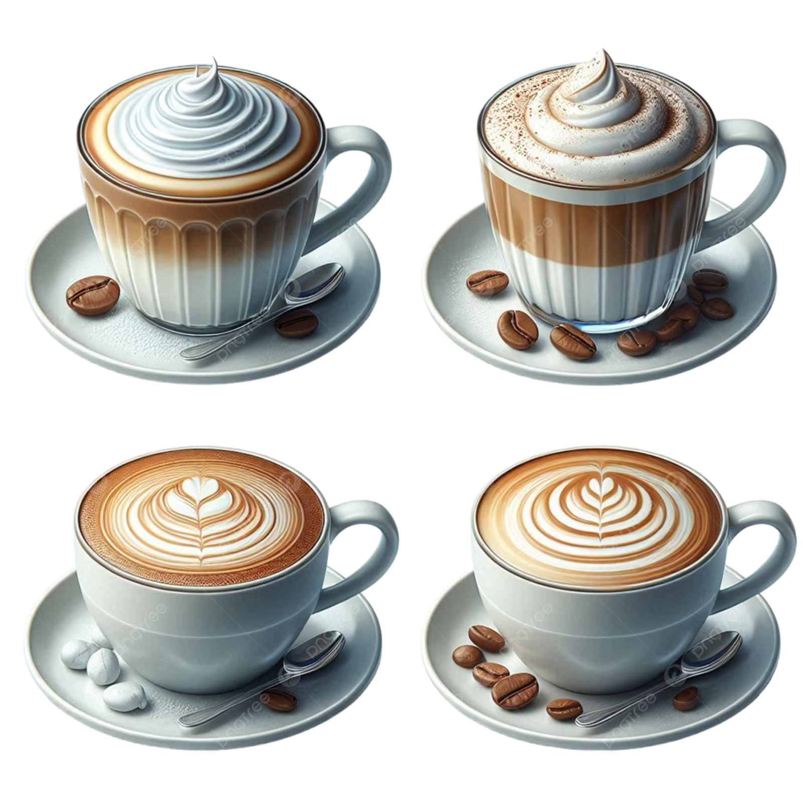 four cups of coffee on white background - food objects