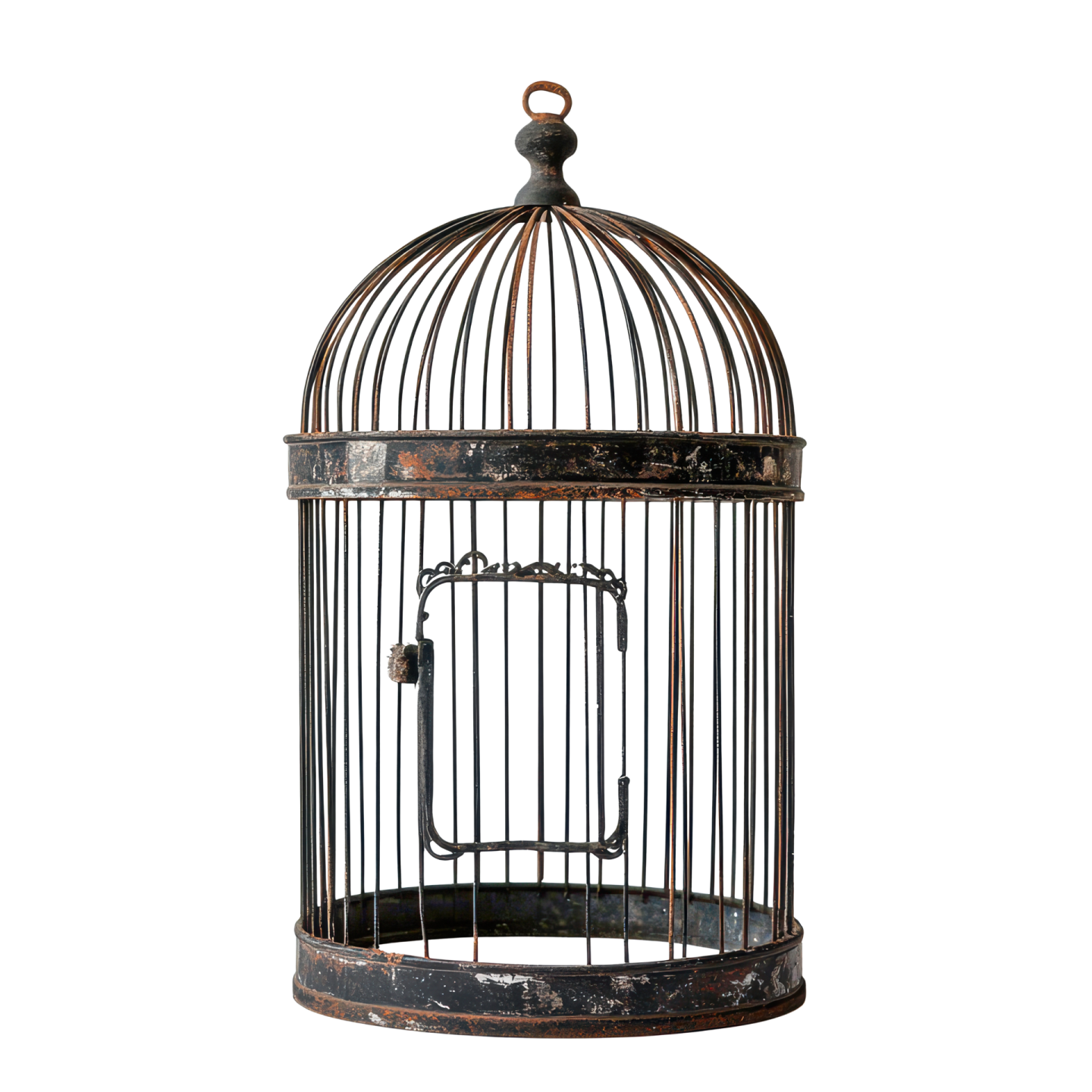 an old bird cage on a white background
