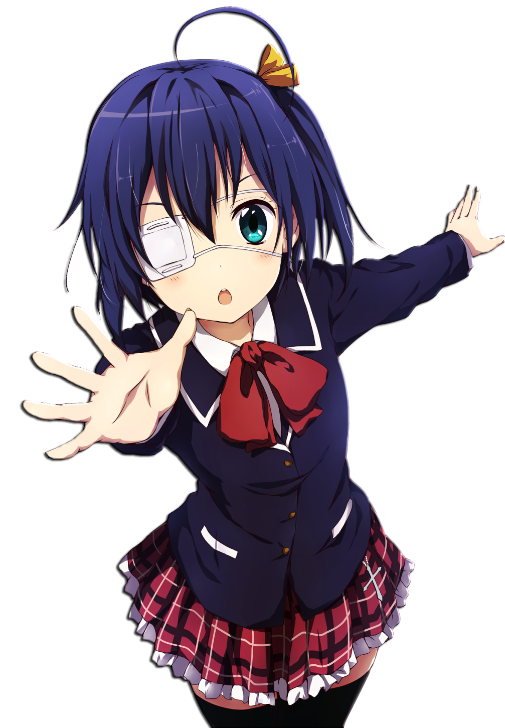 a girl in a school uniform with her hands up