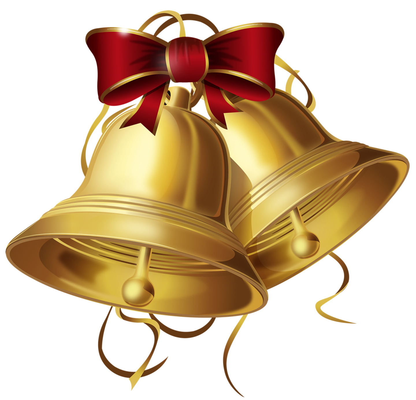 two golden bells with a red bow