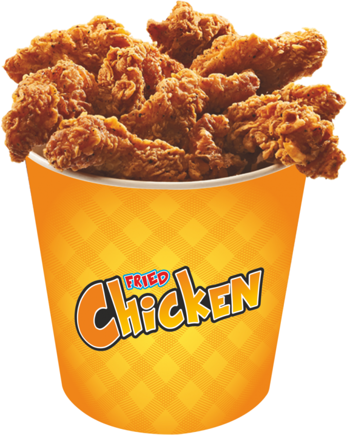 a cup filled with fried chicken on a white background