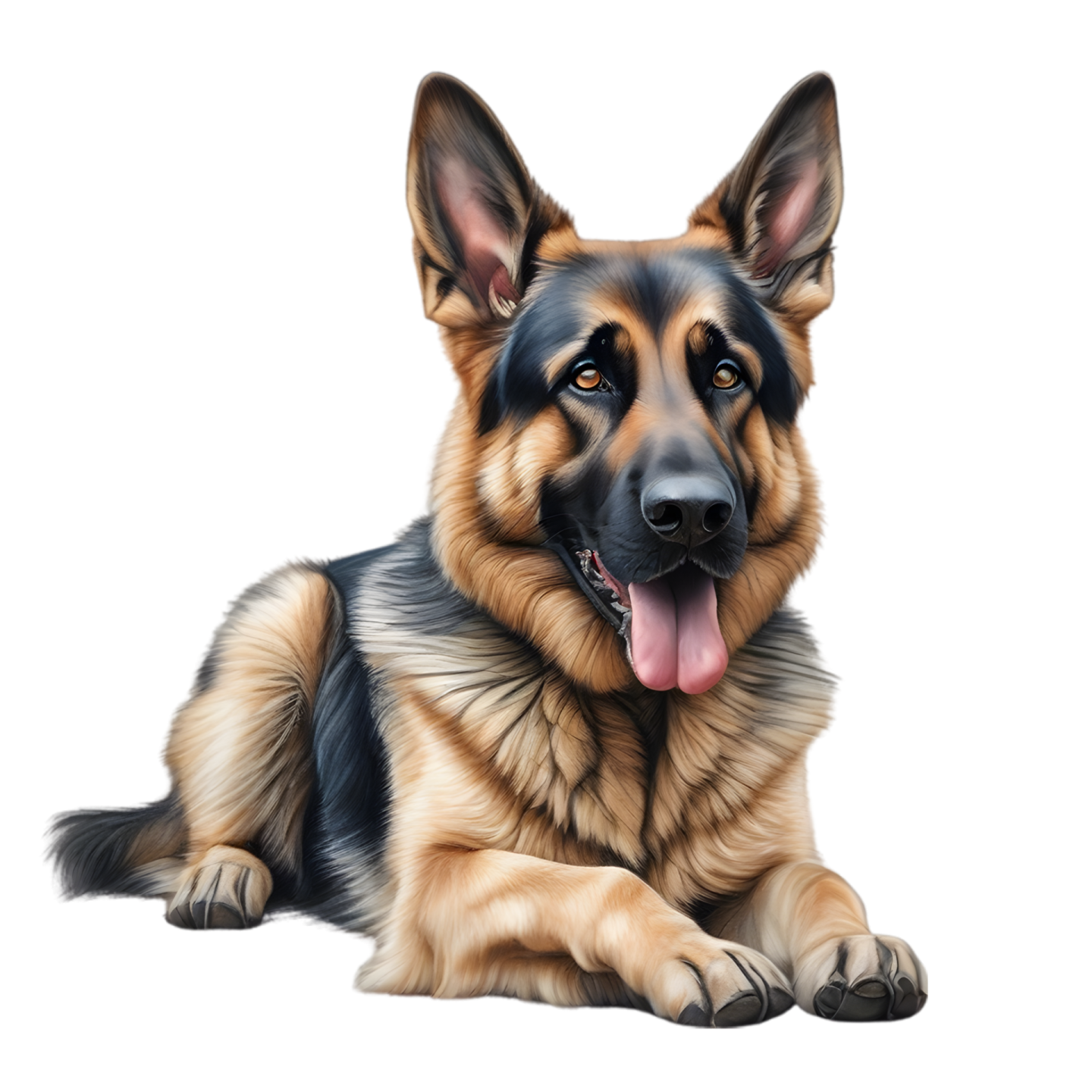 a german shepherd dog laying down with its tongue out