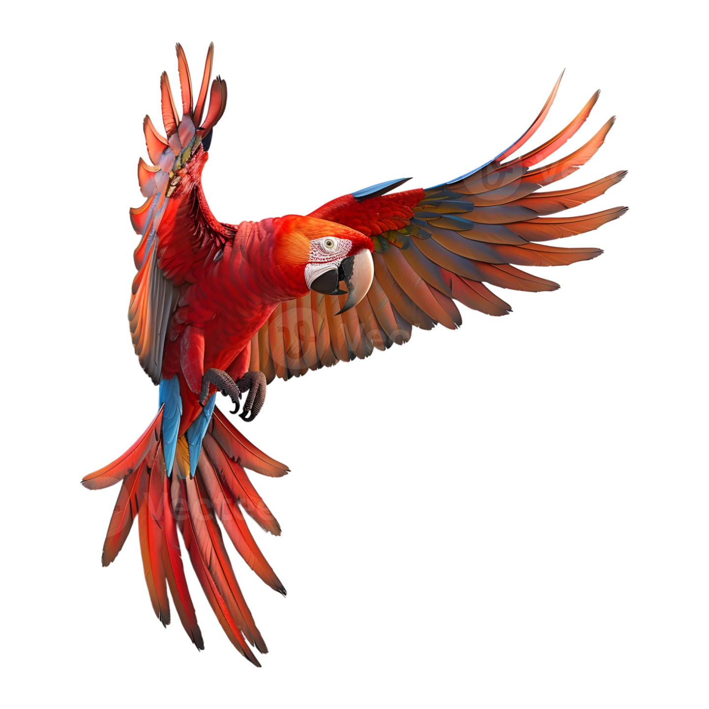 a red and blue parrot flying in the air