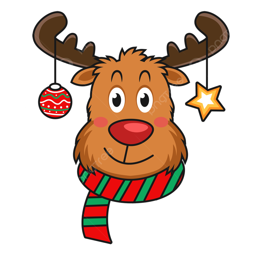 a reindeer wearing a scarf and a christmas orname