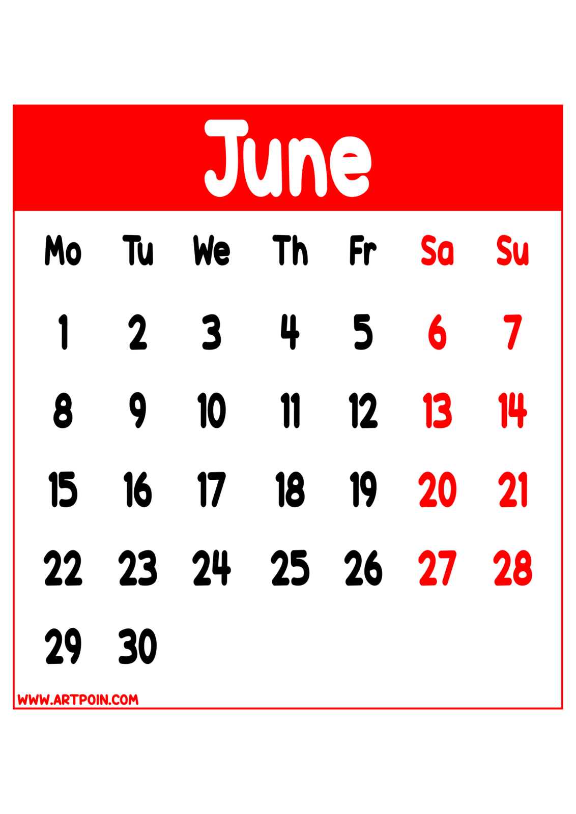 a calendar with the word june on it