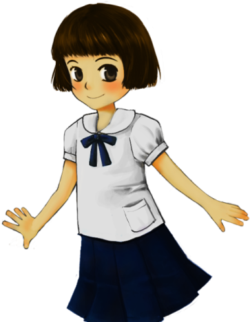 a girl in a white shirt and blue skirt