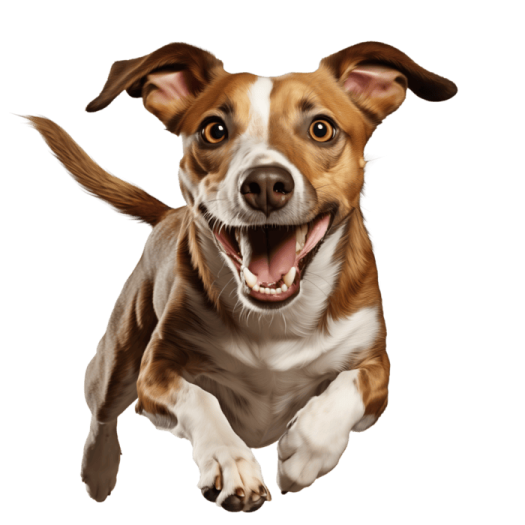 a brown and white dog running towards the camera