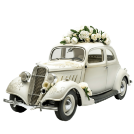 a white wedding car with flowers on top