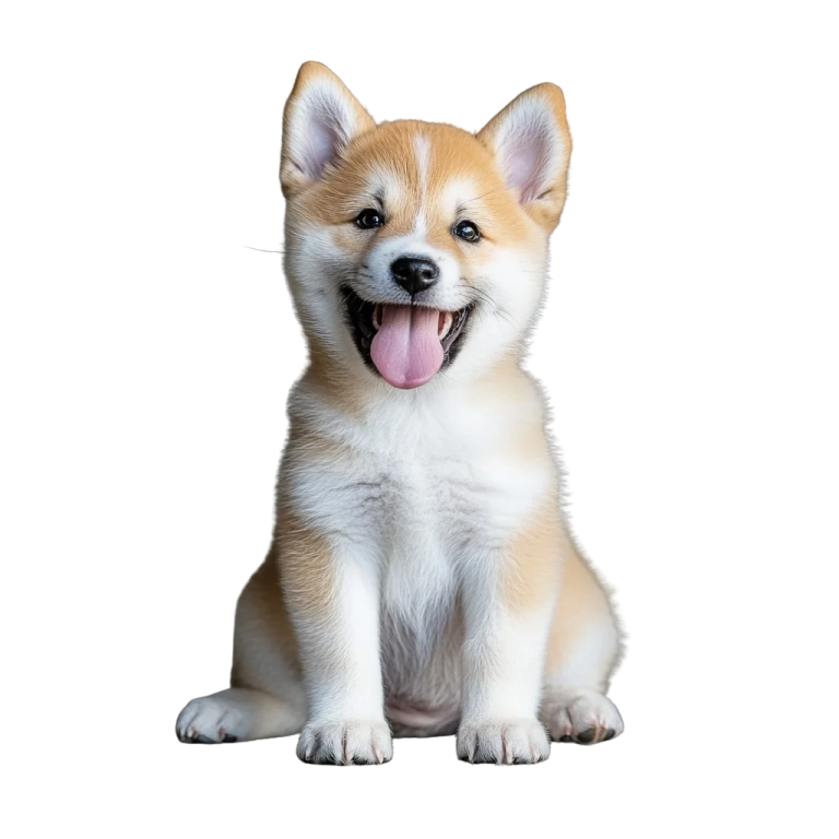 a small dog sitting down with its tongue out