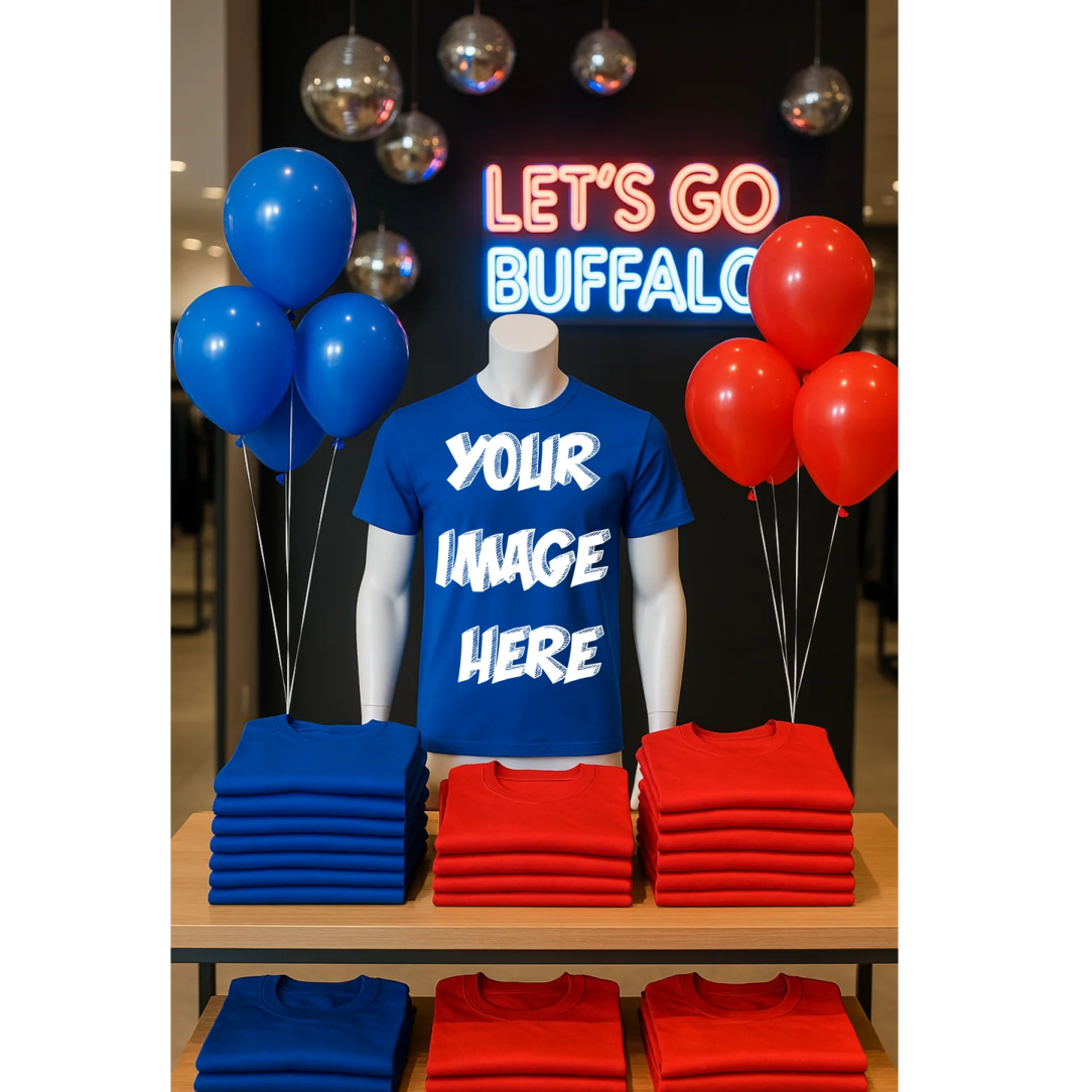 a display with balloons and t - shirts