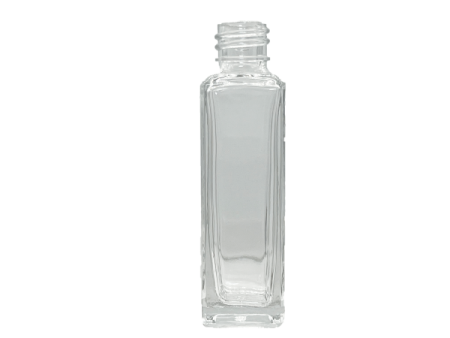a clear glass bottle with a white cap