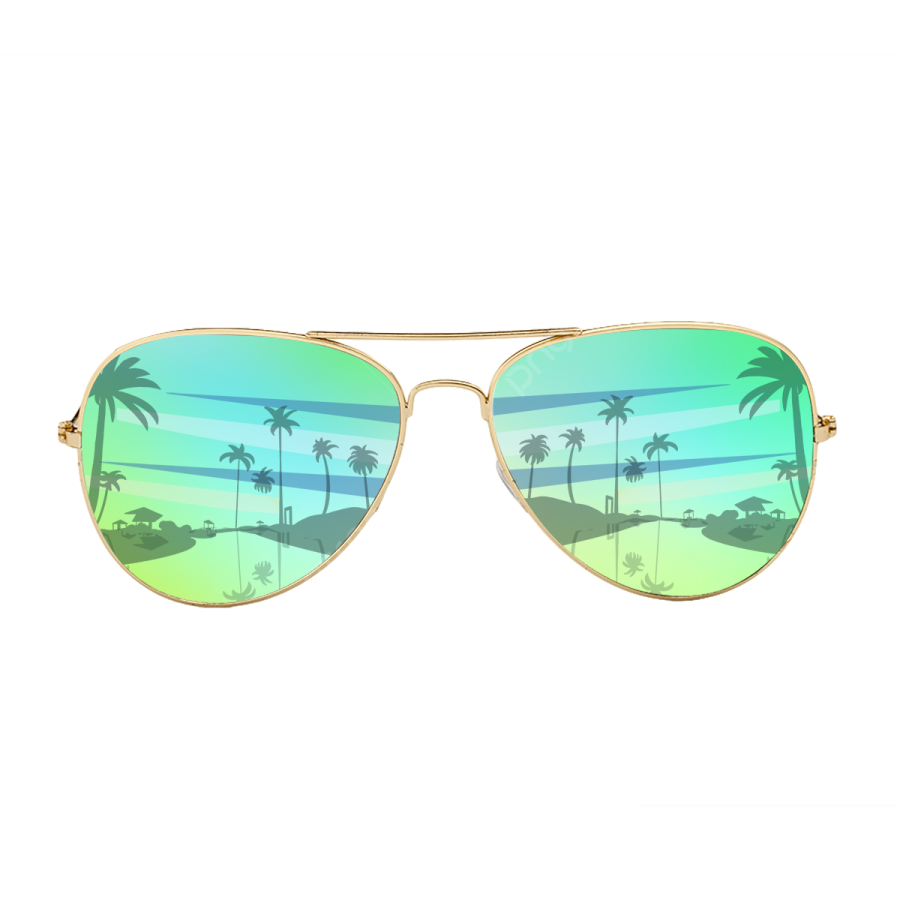 a pair of sunglasses with palm trees in the background