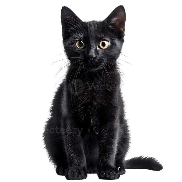 a black kitten sitting down looking at the camera
