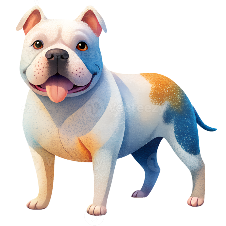 a white and brown dog standing with its tongue out