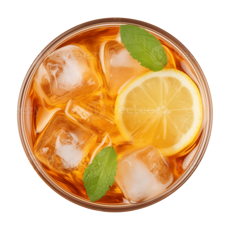 a glass filled with ice, lemon and mint