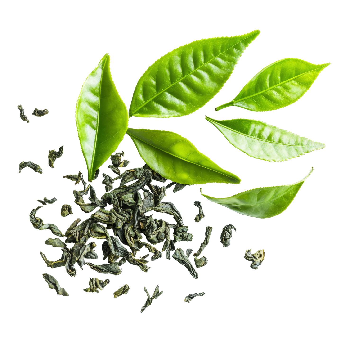 green tea leaves on a white background