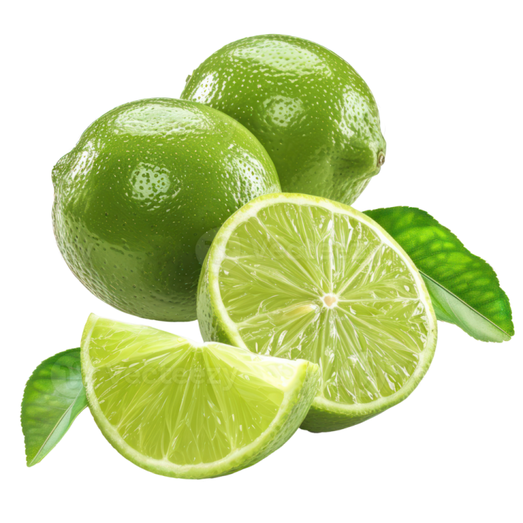 limes with leaves on a white background