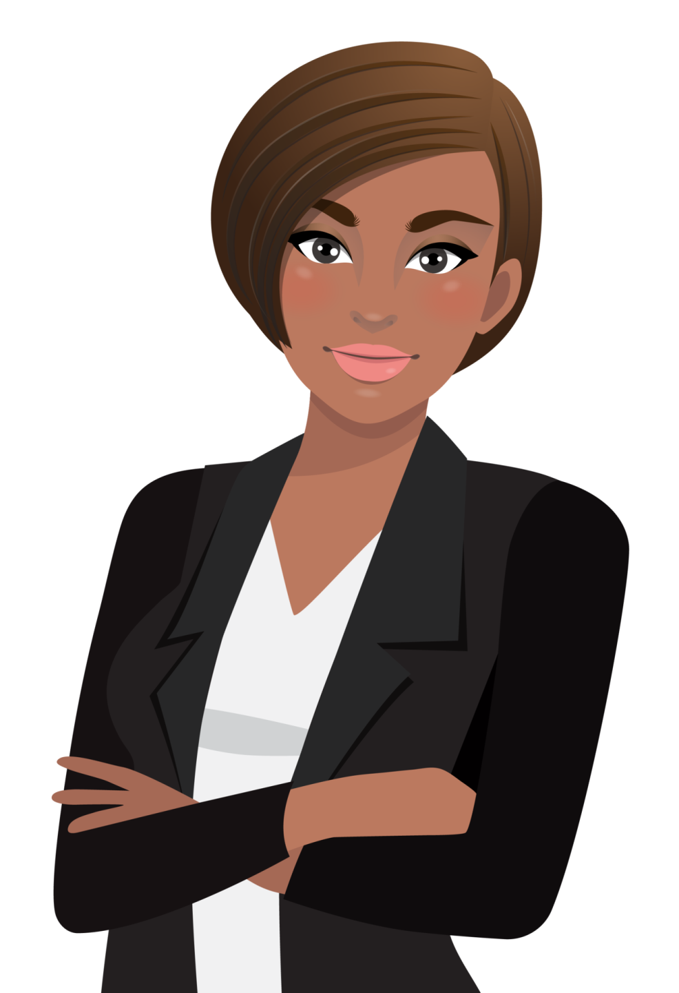 a woman in a suit with her arms crossed