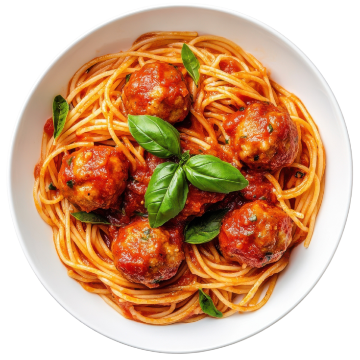 a white bowl filled with spaghetti and meatballs