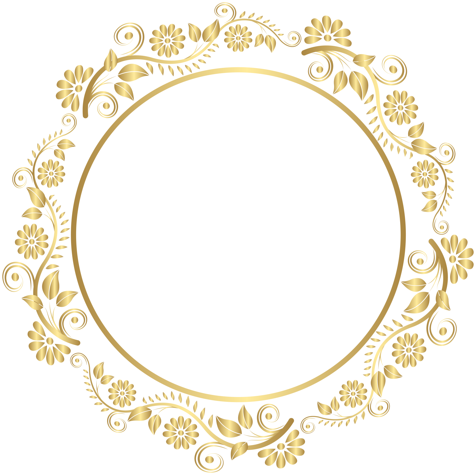 a round frame with gold flowers and leaves