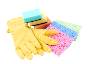 a pile of cleaning sponges and gloves