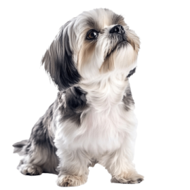 a small black and white dog sitting down