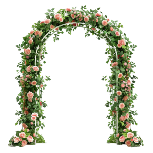 a floral arch with pink roses on it