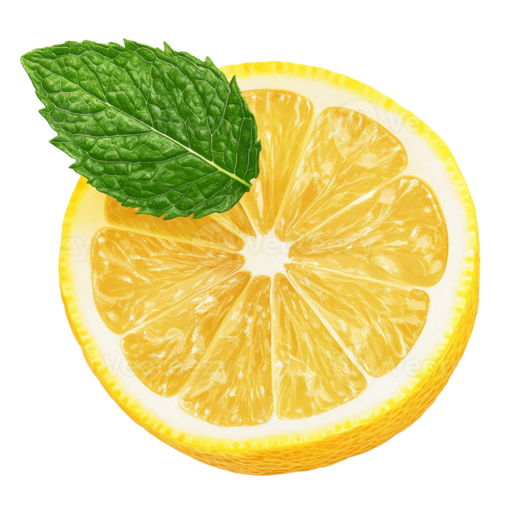 a slice of lemon with a green leaf