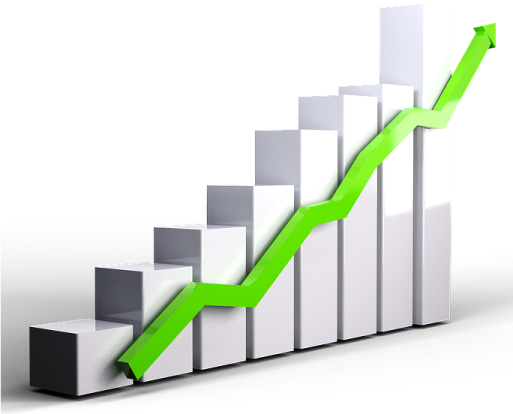 a bar chart with an arrow going up