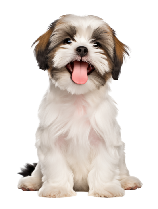 a small white and brown dog with its tongue out