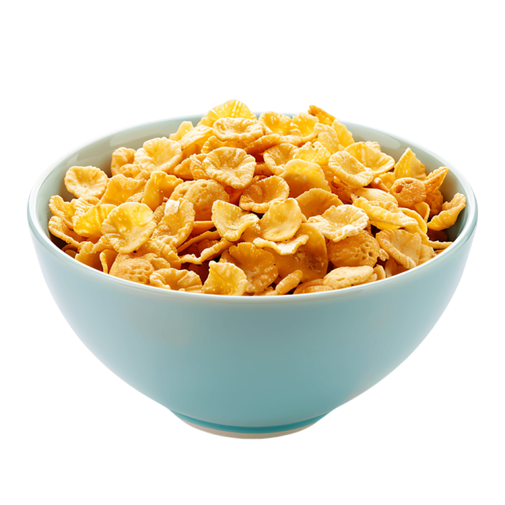 a blue bowl filled with cereal on a white background