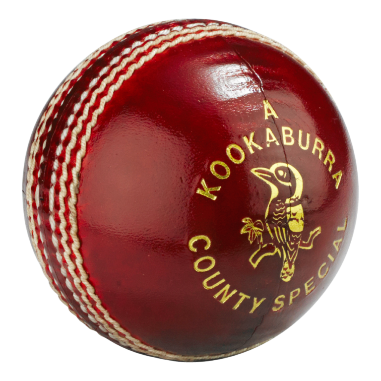 a red cricket ball with a gold logo on it