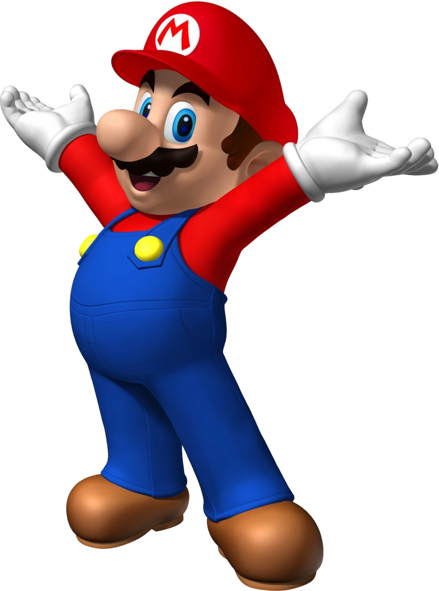 a cartoon character in a red hat and blue overalls