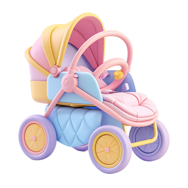 a baby stroller with pink and blue wheels