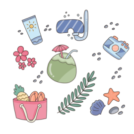 a white background with various items and flowers