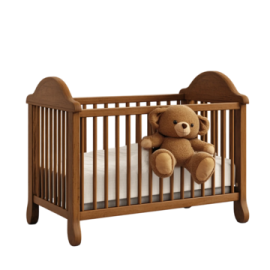 a teddy bear sitting on top of a wooden crib