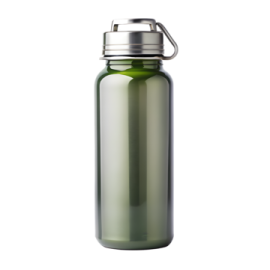 a green water bottle on a white background