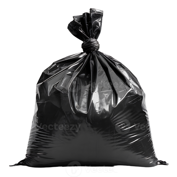 a black garbage bag on a white background