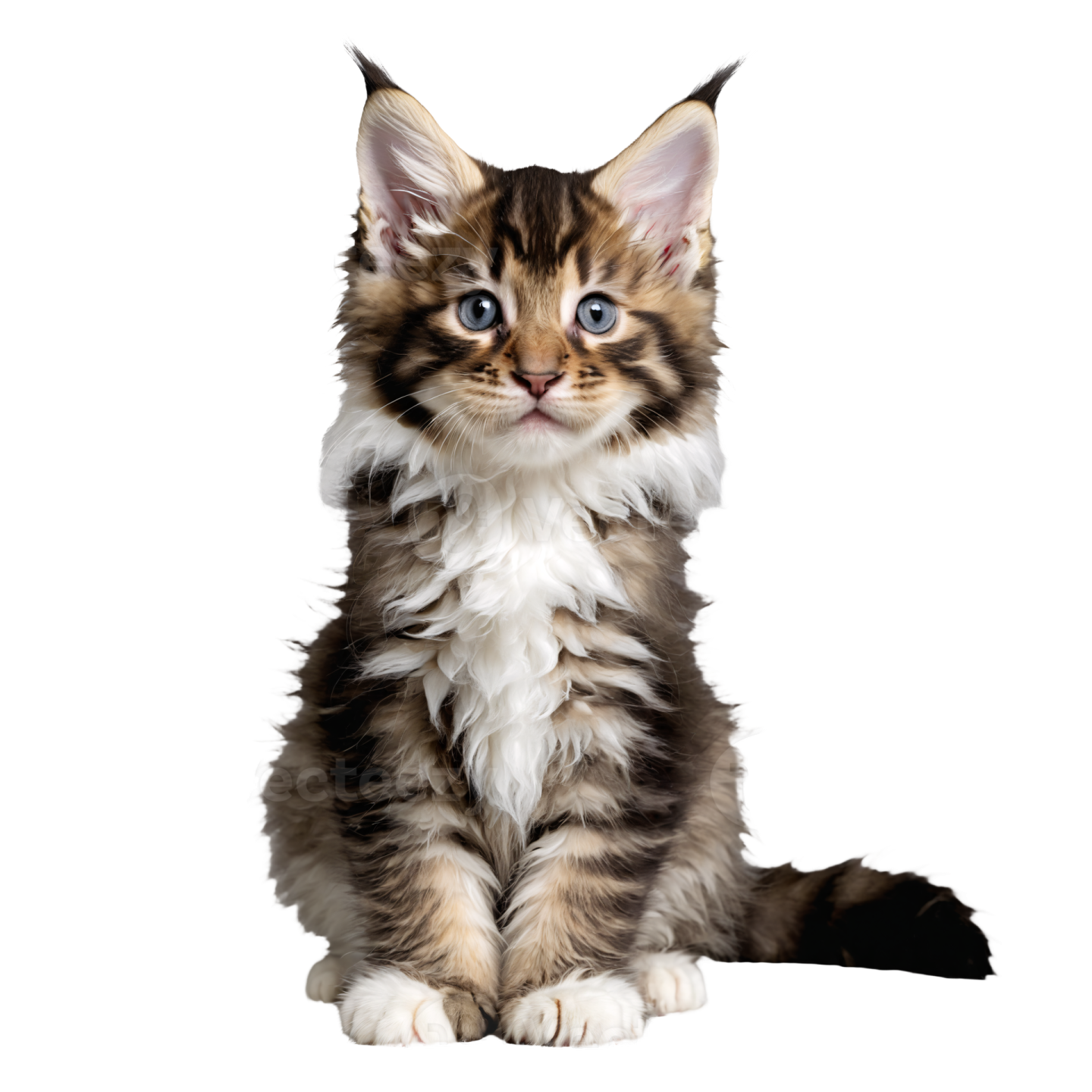 a kitten with blue eyes sitting down