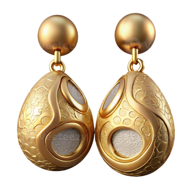a pair of gold and white earrings