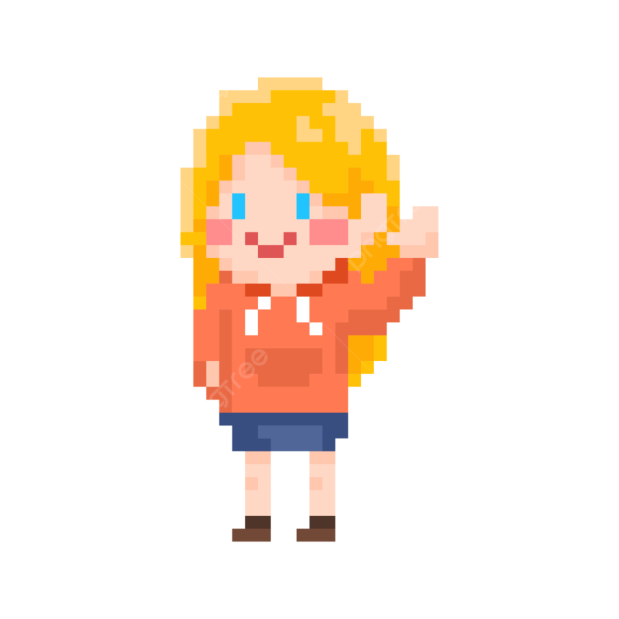 a pixel girl with blonde hair and blue eyes