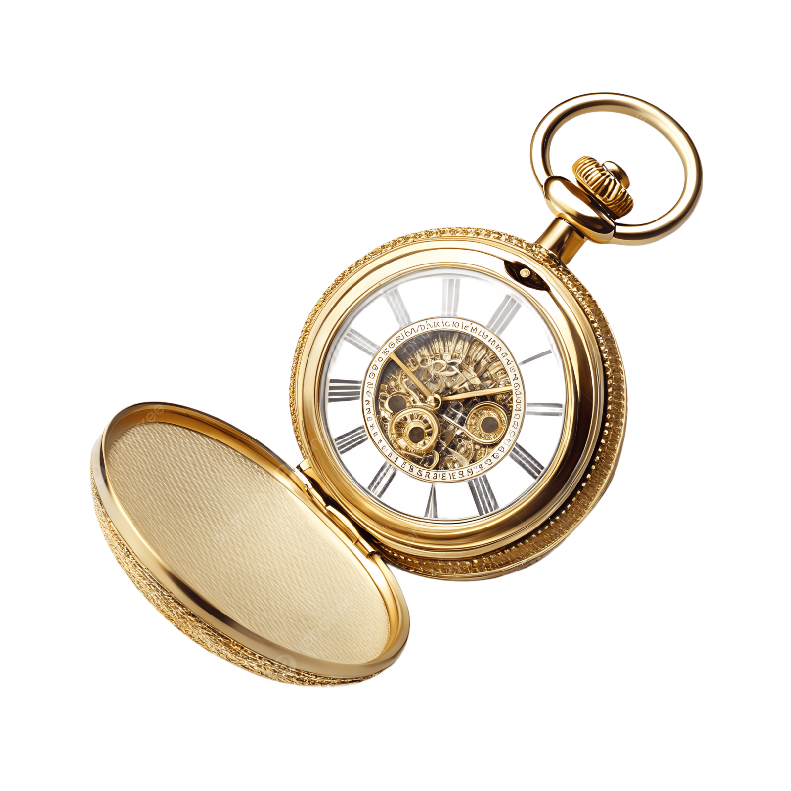 a gold pocket watch on a white background