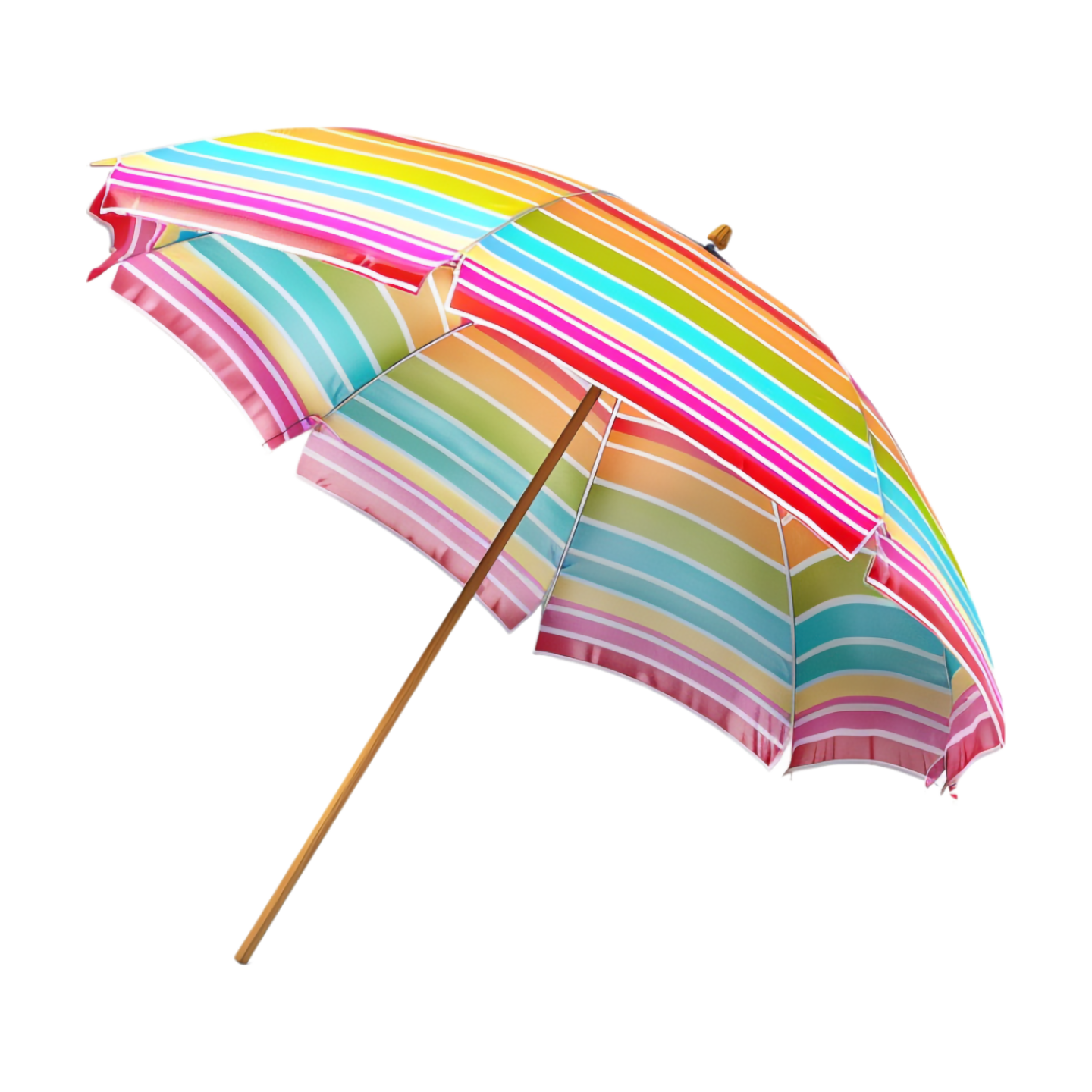 a colorful striped umbrella with wooden handle
