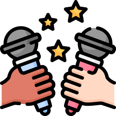 two hands holding microphones with stars above them