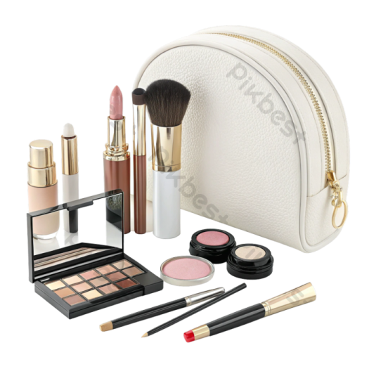 a white makeup bag with various makeup products