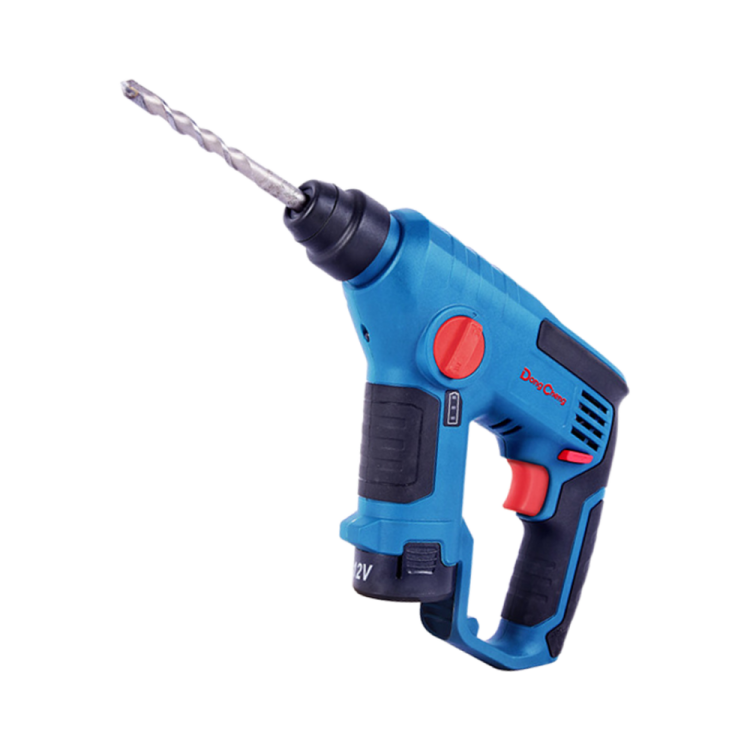 a blue and black cord drill with a red handle