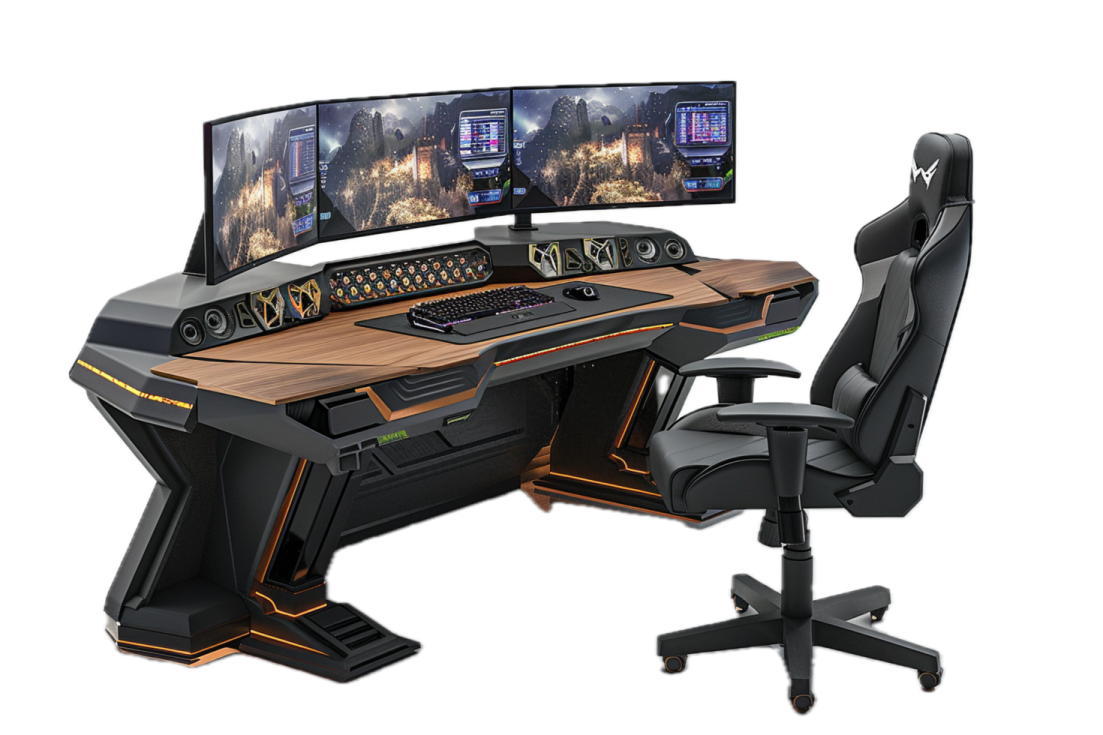 a computer desk with two monitors and two monitors